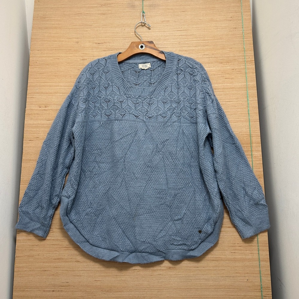 Fat Face Blue Pointelle Mixed Knit Crew Neck Sweater Curved Hem USA 12 UK 16